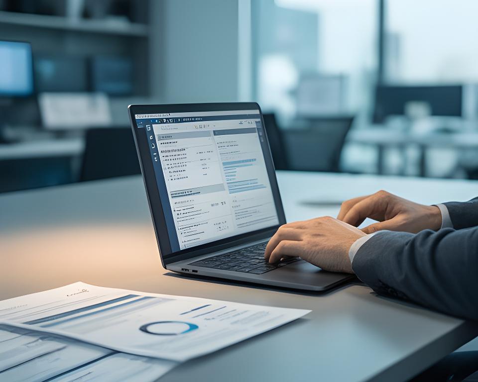 Analyst reviewing privacy controls on a laptop beside printed compliance notes in a Palo Alto office